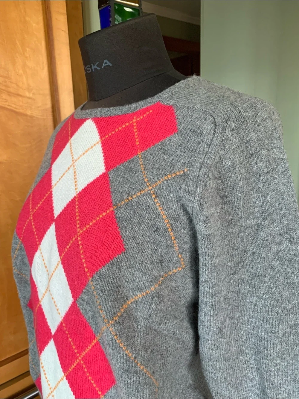 J CREW 100% LAMBS WOOL ARGYLE PULLOVER SWEATER NWT XL Women's Gray  Pink Diamond